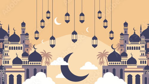 Islamic crescent moon and mosque silhouette for Ramadan celebration.