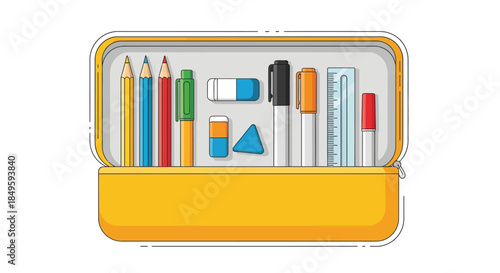 Bright yellow pencil case filled with colorful school supplies.