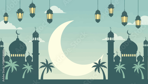 Islamic Crescent Moon and Mosque Silhouette.