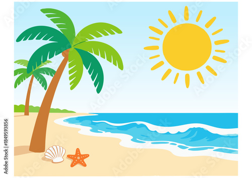 Digital card template, Vibrant beach scene suitable for travel, summer campaigns, and tropical vacation promotions.