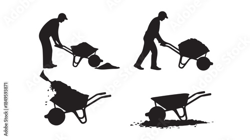 Worker Silhouettes with Wheelbarrow in Various Stages of Labor in Black and White Illustration for Construction Industry