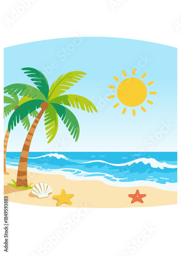 Digital card template, Illustration of a tropical beach with palm trees, ocean waves, and a bright sun, ideal for travel or leisure content.