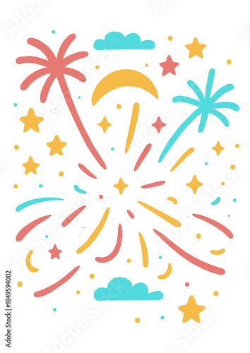 Digital card template, Vibrant fireworks explosion suitable for celebrations, banners, event promotions, and festive web design.