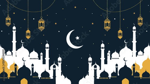 Islamic Mosques and Crescent Moon Symbol.