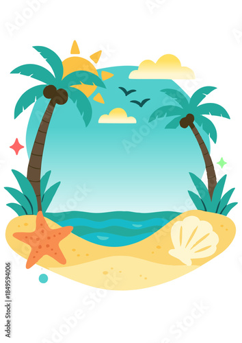 Digital card template, Vibrant beach illustration suitable for travel websites, marketing, and summer campaigns.