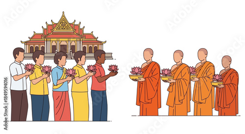 Buddhist monks receive alms from devotees holding lotus flowers.