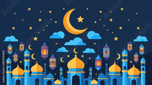 Islamic Mosques and Ramadan Lanterns Under a Starry Night Sky.