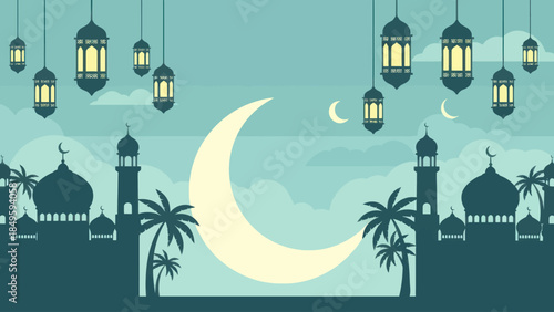 Ramadan Crescent Moon and Islamic Mosques Silhouette.