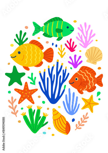 Digital card template, Vivid underwater scene featuring various fish and coral, ideal for marine life, aquatic themes, and educational content.