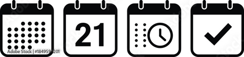 Black and white calendar icons set, monthly grid, date 21 marker, appointment clock, duplicate views, completed task checkmark, scheduling management