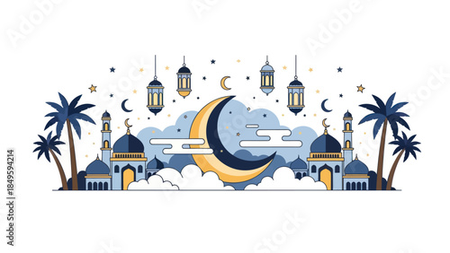 Ramadan Kareem Islamic Crescent Moon and Mosque Illustration.
