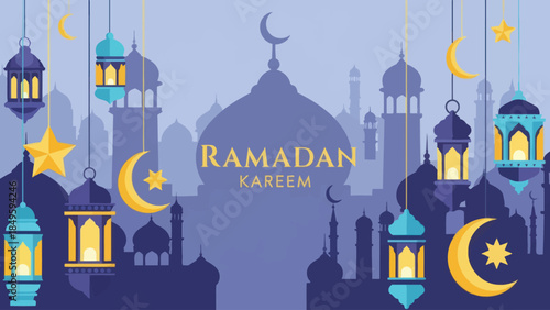 Ramadan Kareem Islamic Lanterns and Crescent Moon Decorations.