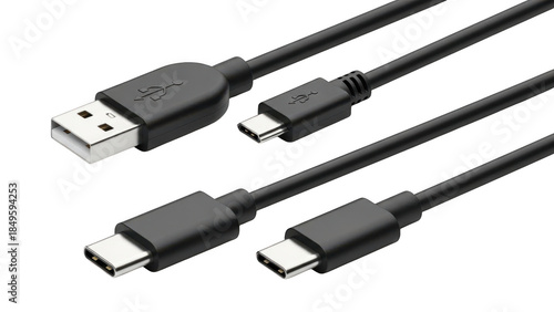Usb cables with different connectors isolated on transparent background