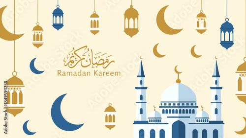 Ramadan Kareem Islamic Mosque and Crescent Moon Celebration.