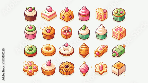 Cute Colorful Dessert and Pastry Icon Set with Cakes, Cupcakes, Donuts, and Sweets