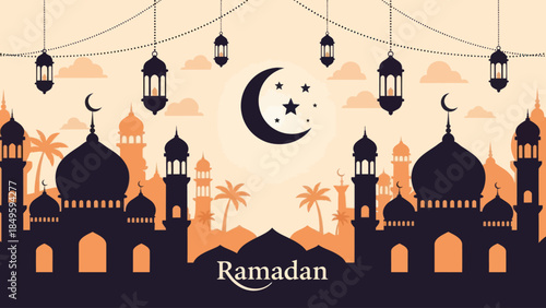 Ramadan Kareem Islamic Mosque and Crescent Moon Illustration.