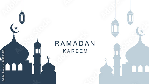 Ramadan Kareem Islamic Mosque Silhouette with Lanterns.