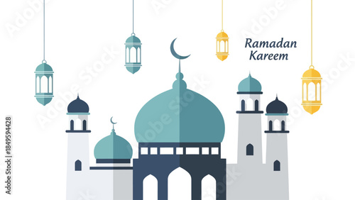 Ramadan Kareem Islamic Mosque with Crescent Moon and Lanterns.
