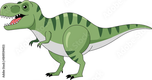 Cartoon Tyrannosaurus rex dinosaur, green T. rex character, prehistoric animal illustration, kids art, vector design, flat style, isolated
