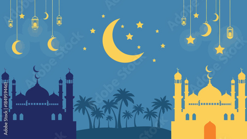 Ramadan Kareem Islamic Mosques and Crescent Moon Celebration.
