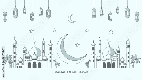 Ramadan Mubarak Islamic Mosque Crescent Moon Lanterns Illustration.