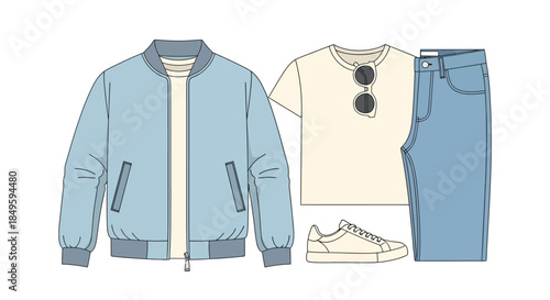 Casual Menswear Outfit Flat Lay Illustration.