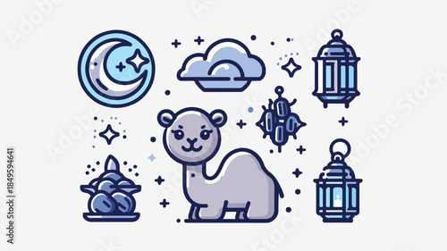 Eid al-Adha Islamic Icon Set with Camel, Crescent Moon, Lanterns, and Stars