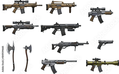 Cartoon weapon collection with guns, rifles, pistols, rocket launcher, axes, military and game design concept, flat vector illustration