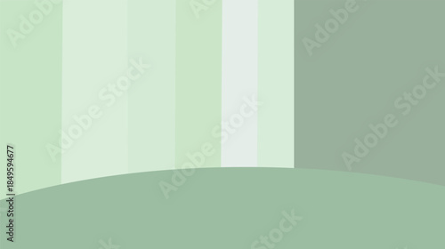 3D render of an empty interior room featuring an abstract green wall and floor design with a blank frame and natural window light in a modern architectural gallery space