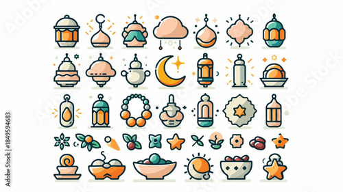 Ramadan and Eid Islamic Icon Set with Lanterns, Crescent Moon, Prayer Beads, and Traditional Elements