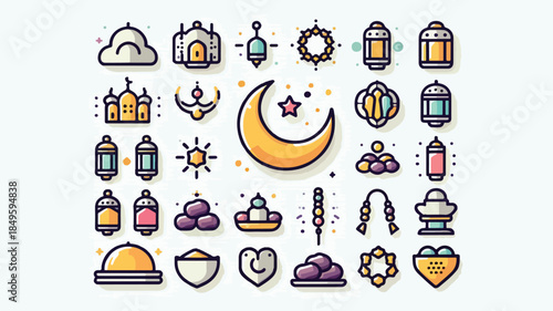 Ramadan and Islamic Religious Icon Set with Crescent Moon, Lanterns, Mosque, and Dates