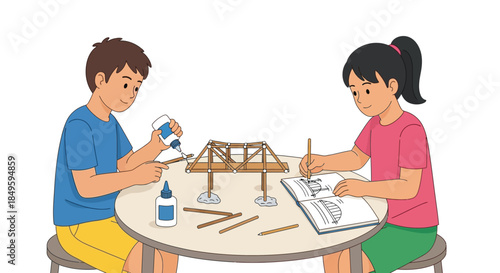 Two children focused on building a bridge model for a school project.