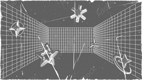 3D wireframe perspective grid room template design vector illustration background. Empty three dimensional virtual room perspective wireframe grid geometric sketch. Cyber virtual line interior frame