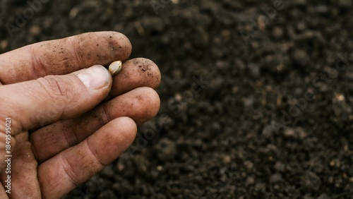 Hand holding small seed in garden soil.