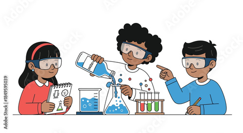 Diverse group of children conducting a science experiment in a laboratory setting.