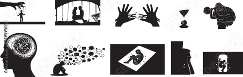 Mental Health Psychology Silhouette Icons for Depression Anxiety Stress and Emotional Struggle