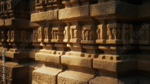 Ultra macro on ancient temple stone sculptures, tiny grooves visible, shadows filling carvings, warm golden sunlight brushing edges, timeless spiritual ambience.