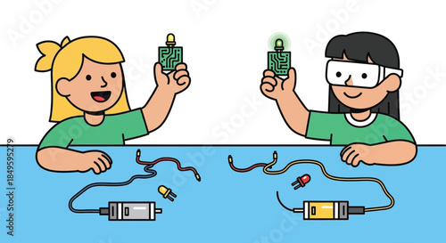 Two young girls engaged in a science experiment with circuits.