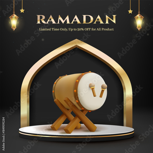 Ramadan Night Drum Display With Golden Arch Frame And Lanterns For Celebration