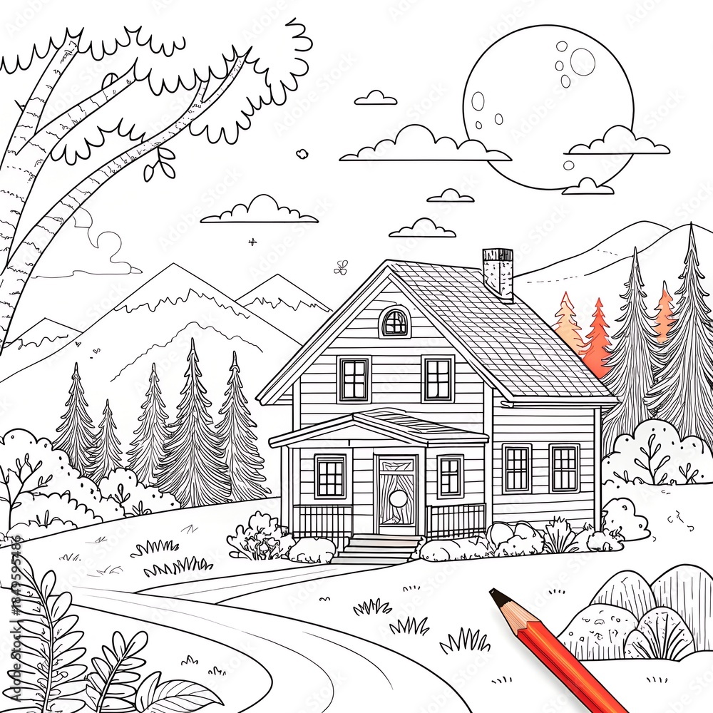 Obraz premium Cozy wooden house in a beautiful mountain landscape with pine trees and a full moon, coloring book page for kids.