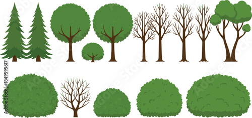 Vector set of various tree and bush silhouettes including evergreen pines, deciduous leafy trees, bare winter branches, and rounded garden shrubs.