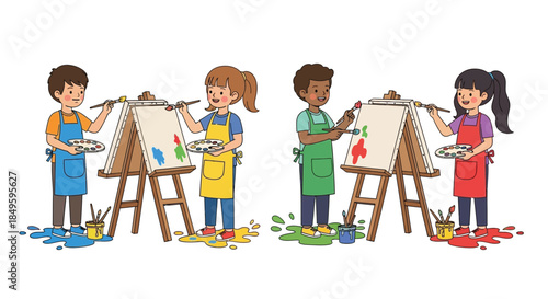 Children engaged in painting class with easels and art supplies.