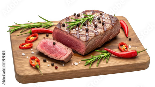 Grilled steak with herbs and peppers isolated on transparent background