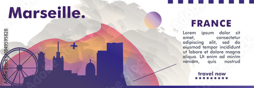 Marseille, France city banner with skyline, cityscape, landmarks. Horizontal travel vector illustration layout for website, page, presentation, header, footer