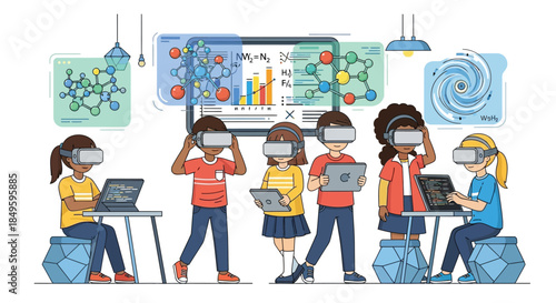Children learning science and technology with virtual reality headsets in a classroom.