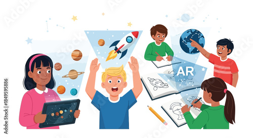 Children learning about space with augmented reality and digital tablets.