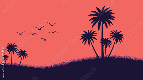 Serene tropical sunset landscape silhouette with graceful palm trees and soaring birds against a vibrant orange sky, beautiful exotic nature vector illustration