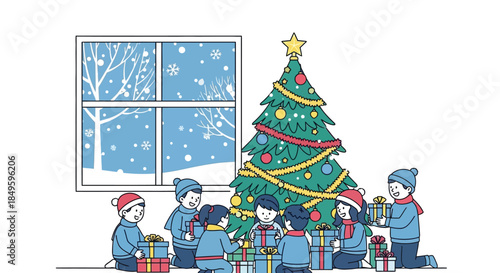 Children Gather Around a Decorated Christmas Tree Opening Presents.