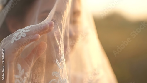 Bride in Wedding Dress at Sunset.