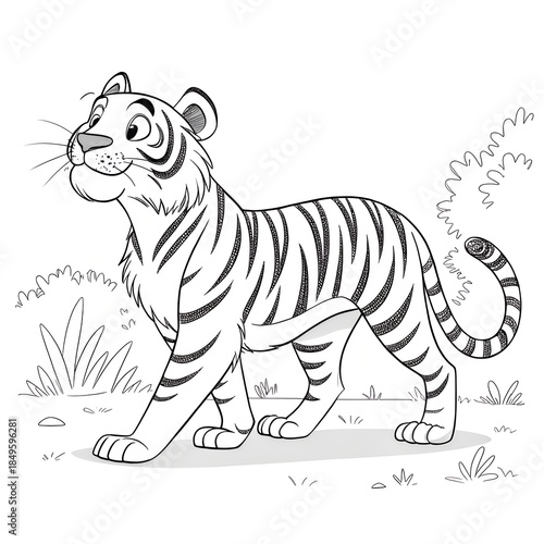 Cute cartoon tiger walking in the jungle, coloring book page for children.